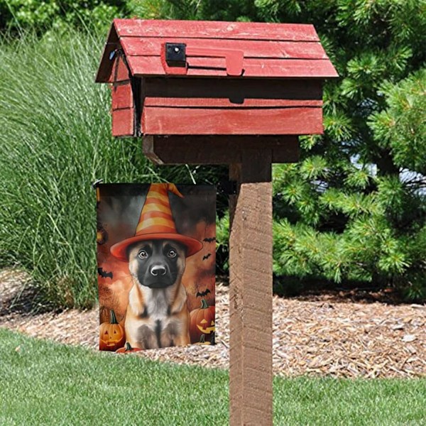 Have Have Halloween Belgisk Malinois Hund Glad Halloween Efterår Ferie Dobbeltsidet Holdbar 12x18 Udendørs Banner Dekoration Have s Hvid Hvid