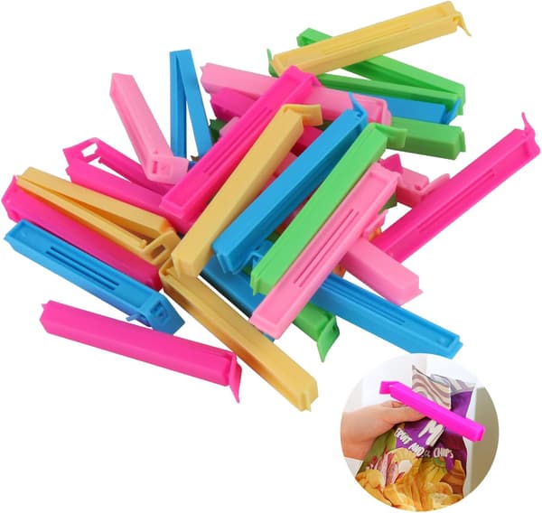 30 madforseglingsclips 11 cm. Sæt med 30 poseklemmer i 5 farver til slik, snacks, opbevaring