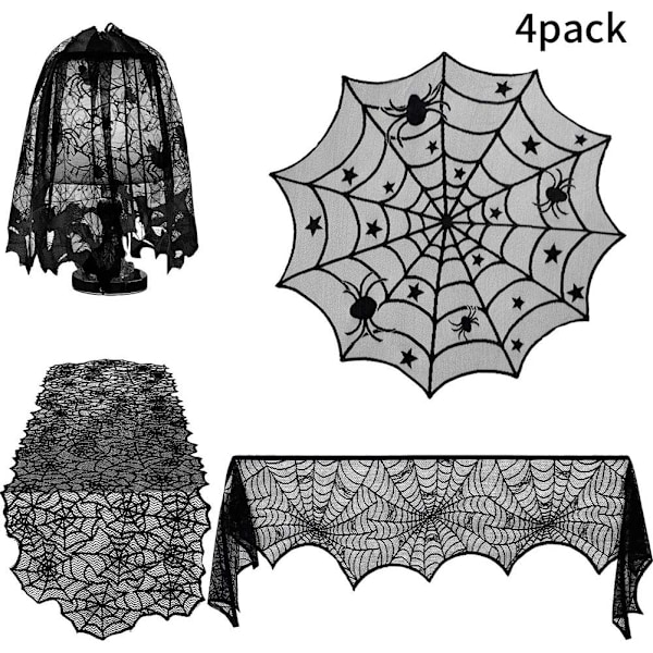 Halloween-dekorasjonssett - 4 stk. flaggermus-spindelvev-blondeduk og lampeskjerm - ideelt for Halloween-fest, rektangulær duk, hvit, (så lenge lageret rekker)