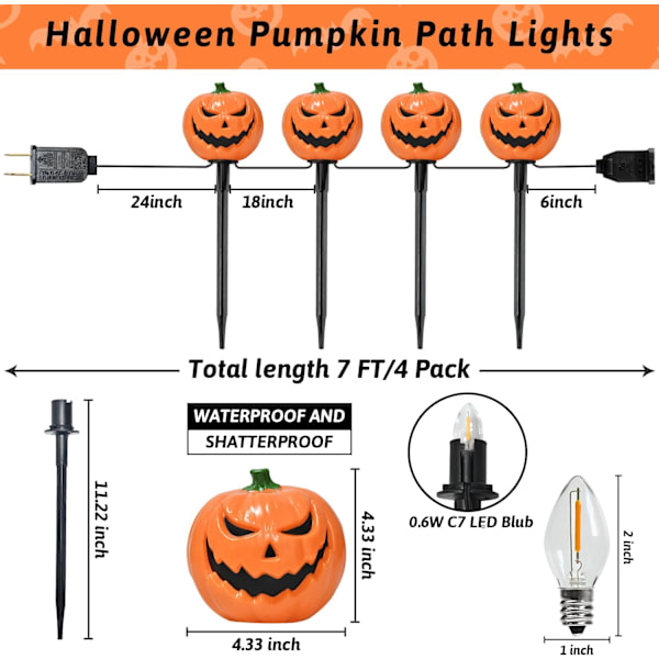 Halloween græskar sti afmærkning lys udendørs, 7Ft sti lys med 4 græskar afmærkning lys og 5 C7 LED lys pærer (1 reserve) til Halloween 4