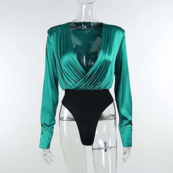 Kvinnor långärmad satin body elegant sexig djup V-ringad wrap korsett trikå