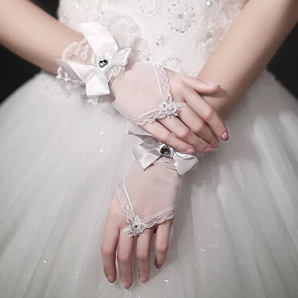 Mesh Bow Bröllopshandskar Brudkrok Finger Diamond Bröllop