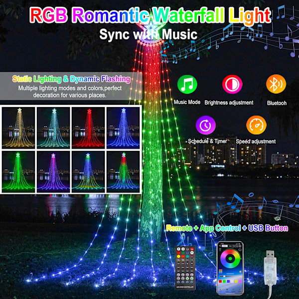 Utendørs juledekorasjoner stjernesnorlys med fjernkontroll APP-kontroll 10FT 305LED fossefall juletrelys RGB fargeskiftende vanntett
