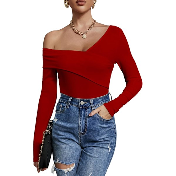 Kvinde Sexet Off The Shoulder Toppe Langærmet Kryds Wrap Ribstrikkede T-shirt