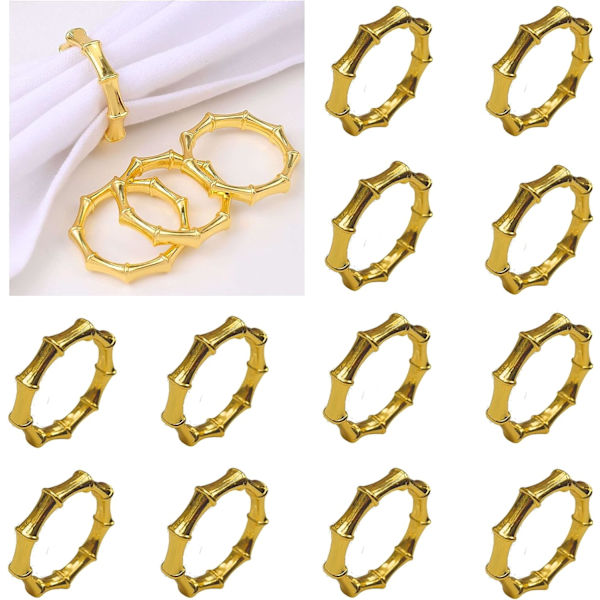 12 st servettringar (guld bambu) - Elegant borstad metall lysande enkel modern