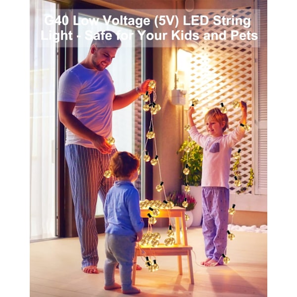 58FT Utomhus ljusslingor Lågspänning 5V, G40 LED 50 Glasgloblampor (3 reserv), E12 0,5W Väderbeständig sladdad elektrisk hängande bistro