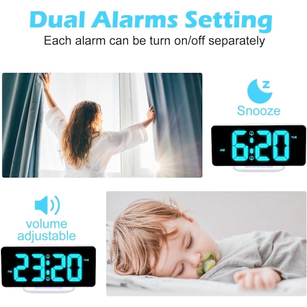 RGB Digital väckarklocka för sovrum med färgskiftande nattlampor, dubbla larm med snooze, dimmer, justerbar larmvolym, dubbla USB och