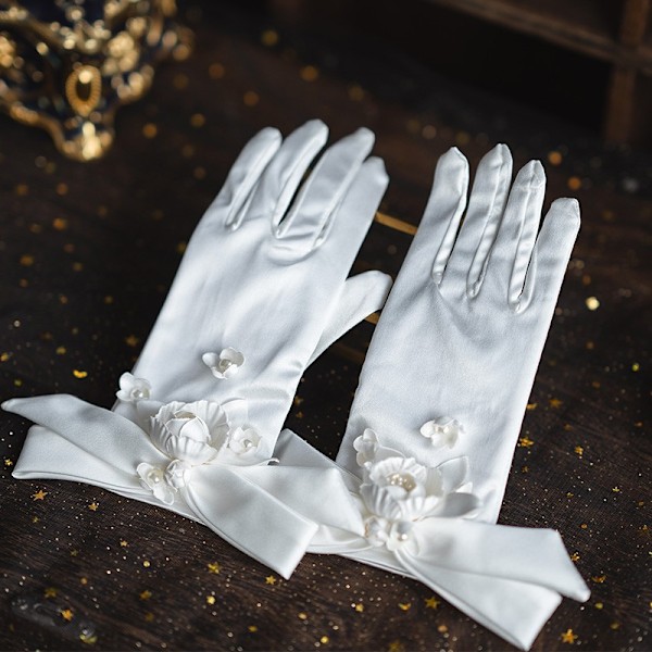Brudehandsker med korte blomster Satin Five Finger Brudehandsker