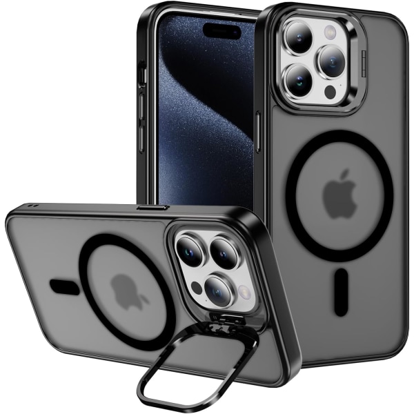 Kickstand Case iPhone 15 Pro Max Mag-Safe Case 6,7-ch Clear Black Transparent med indbygget kamera Rg Stand Bumper Slankt beskyttelsescover til beskyttelse