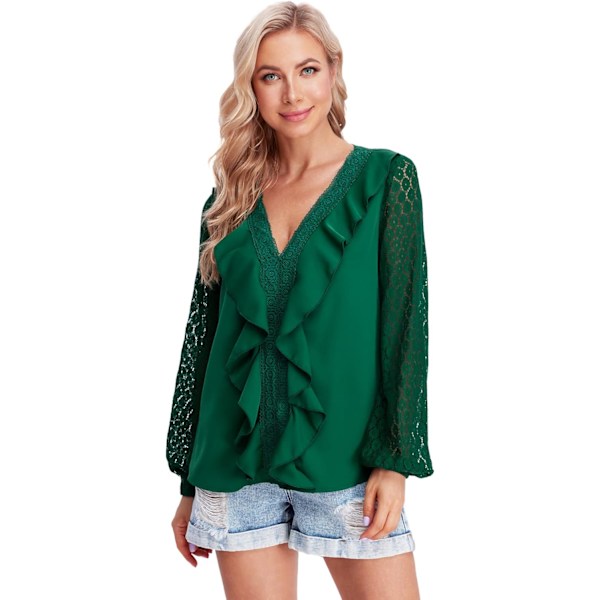 Guipure Blonde Ruffle Trim Langærmet Bluse V-hals Solid Top Skjorte til Kvinder