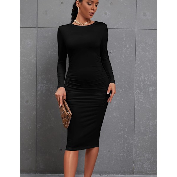 Kvinnors sexiga Bodycon Ruched långärmad Basic Midi Club Party Pencil klänningar