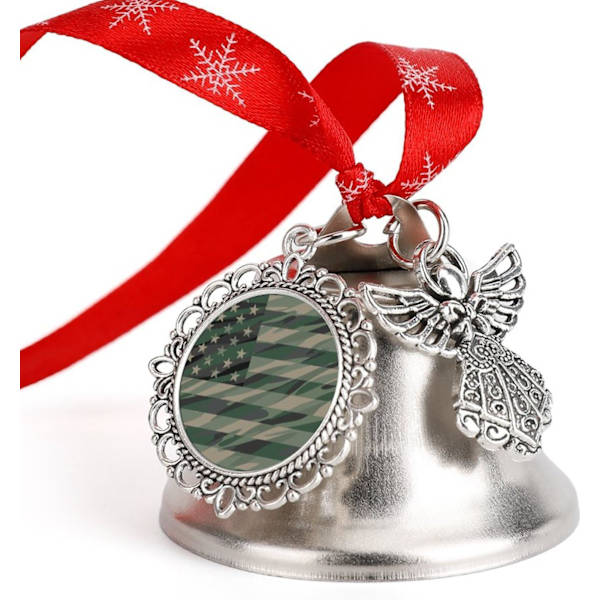 Patriotisk djungelgrön kamouflage USA-flagga silverklocka prydnad julgransklockor med rött snöre metall Xmas hängande dekorationer för semesterfest
