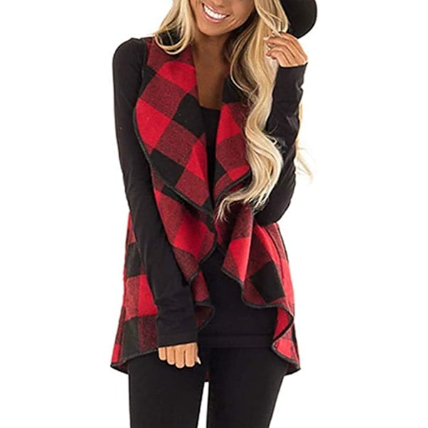 Dame Vest Lapel Åben Front Buffalo Plaid Ærmeløs Cardigan Jakke Frakke med