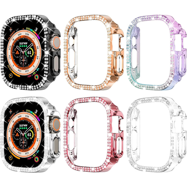 6-pack skal för Apple Watch Ultra 2 Series 9 8 7 6 5 4 3 2 1 SE 49/45/44/42/41/40/38mm Bling Framsida Glittrande Ram för iWatch Kvinnor, (49mm, Svart