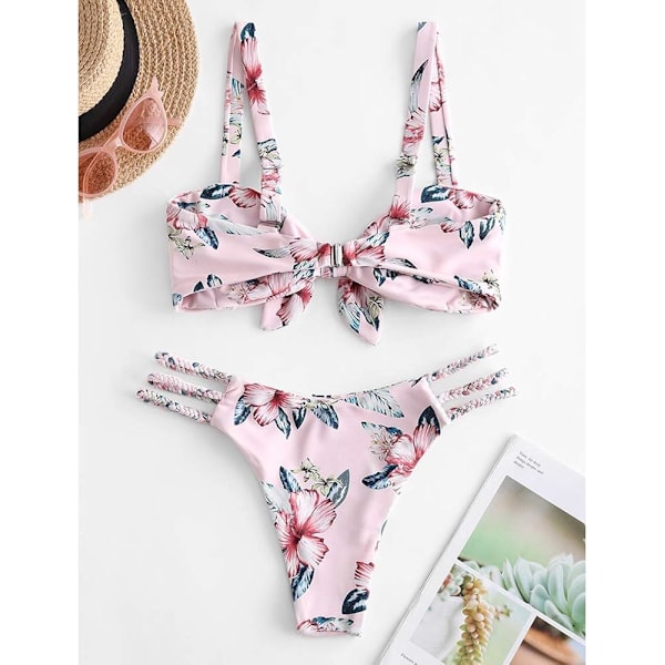 Kvinnors breda remmar knyta knut flätad blommig bikini set tvådelad baddräkt (A-