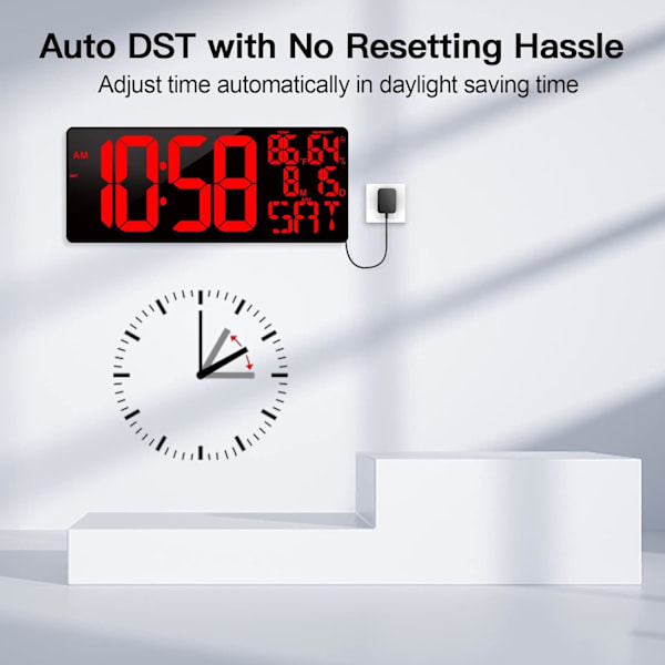 [Oversized] 18\" Stor Digital Væg Ur med Fjernbetjening, Automatisk Dæmpning Digital Ur Stort Display med Dato/Temp/Uge, DST, Alarm, 5.9”Jumbo