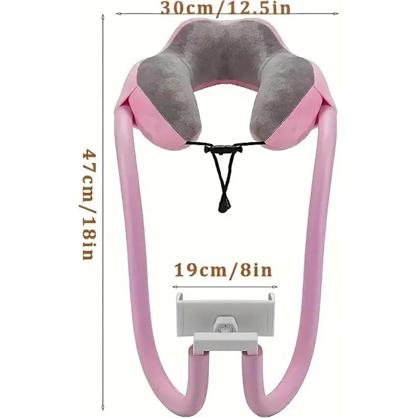 U-formad Kudde med Telefonhållare för Nacken, Lazy Bracket - 360° Rotation Universal Mobiltelefon- & Tabletstativ för Hemma, Resor & Utomhus () Rosa