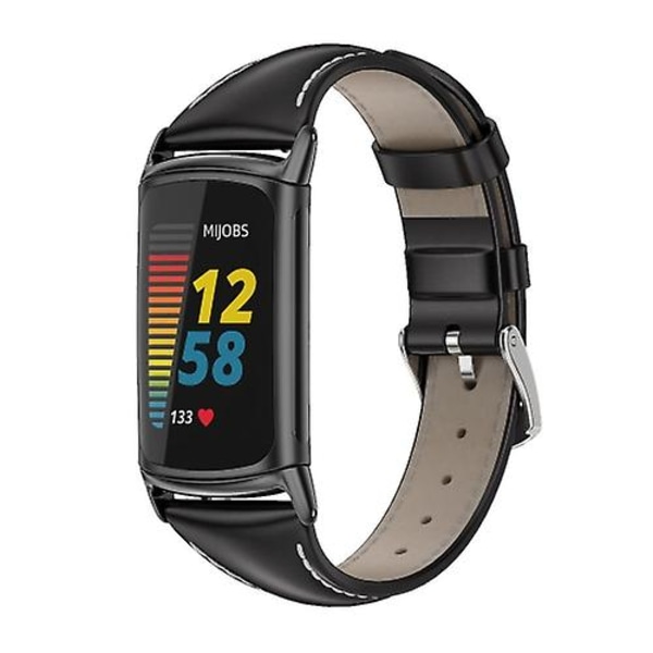 För Fitbit Charge5 Mijobs Äkta Läder Slim Watch Band RIB Black
