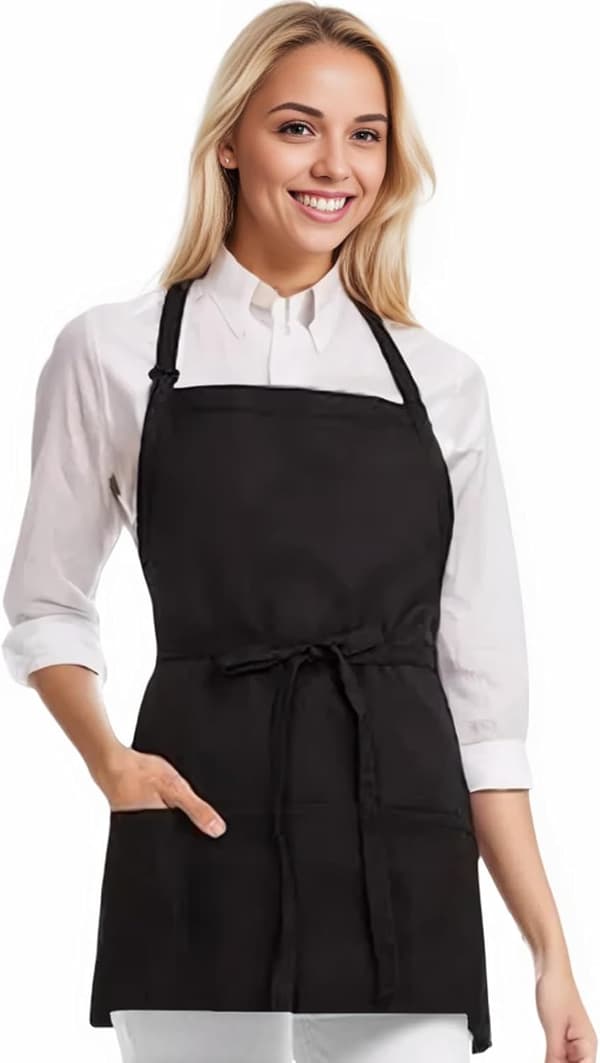 Kokkeforklæde til mænd og serveringsforklæde til kvinder med 3 lommer, sorte forklæder til køkken, madlavning og grill, unisex