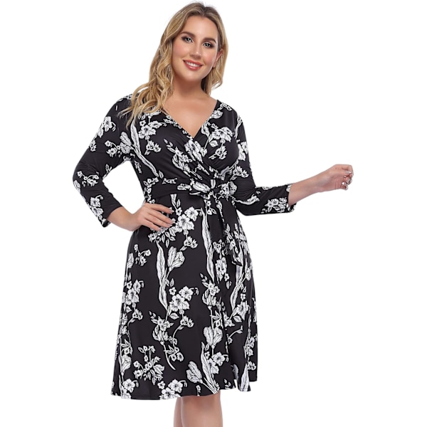 Dam V-ringad 3/4 ärm A-linje Midi Faux Wrap Plus Size Cocktail Party Swing