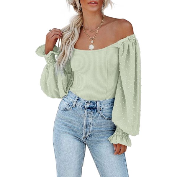 Kvinners Mesh Lang Puff Erme Topp Off Shoulder Square Neck Slim Strikket Ribbet Topper