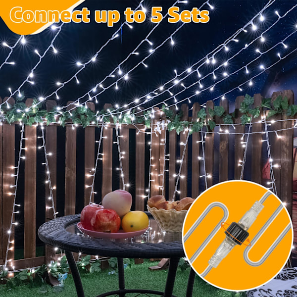 Strenglys 120LED 40FT, Kald Hvit Fe Lys Vanntett Koblebar Timer, 8 Moduser Plug in Julelys for Soverom Utendørs Fest Kjølig