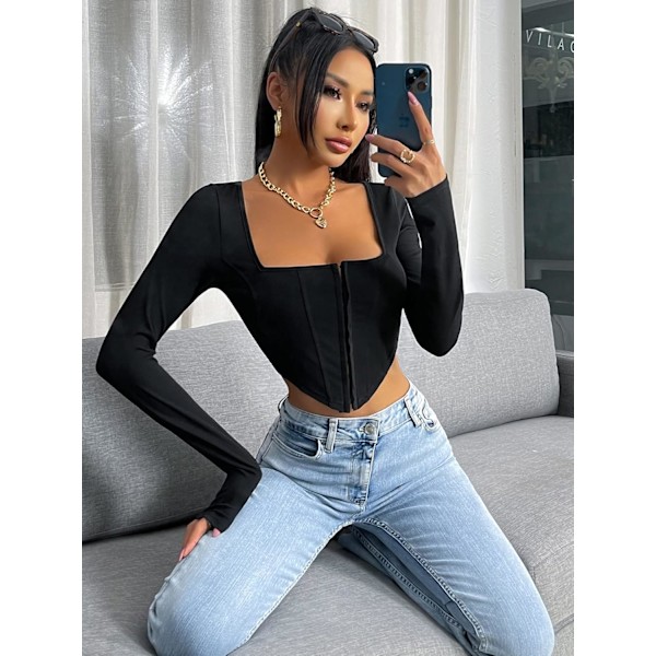 Kvinners langærmet Crop Top Tee Square Neck Basic T-shirt