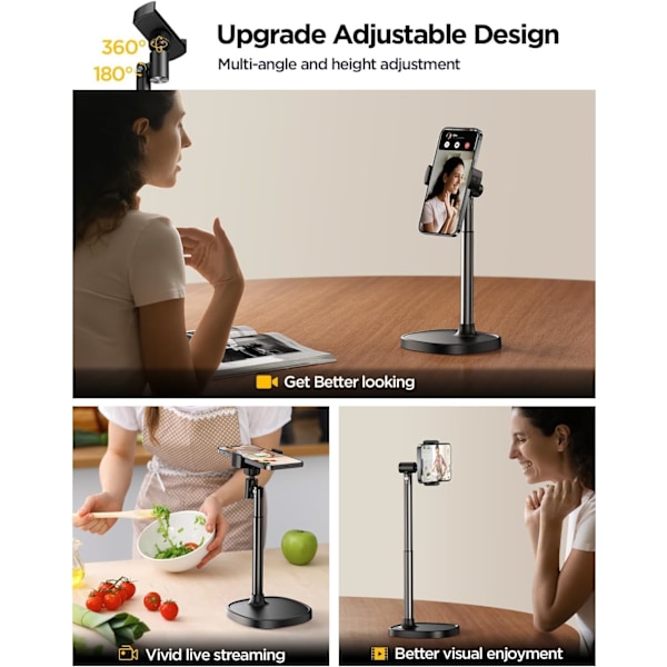 Telefonställ för Skrivbord, Vinkel- och Höjdjusterbart Telefonhållare för Skrivbord, Universal iPhone-ställ i Aluminiumlegering, Infällbart Mobiltelefonställ för Inspelning