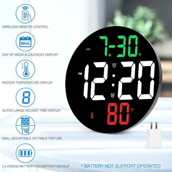 Digitalt ur med stort display, højt alarmur med snooze, justerbar dæmpning, temperatur, dag og dato, 9 tommer vægur/bordur til B
