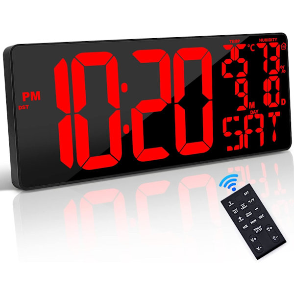 [Oversized] 18\" Stor Digital Væg Ur med Fjernbetjening, Automatisk Dæmpning Digital Ur Stort Display med Dato/Temp/Uge, DST, Alarm, 5.9”Jumbo