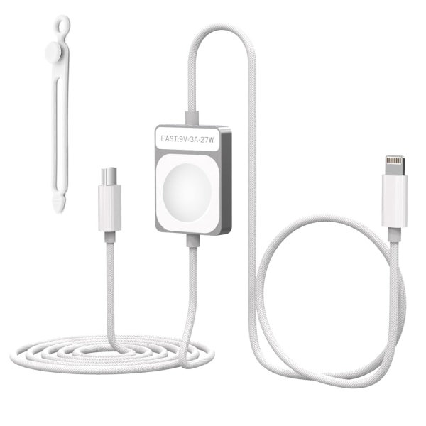 Indtrækkeligt USB C-kabel, Mini 60W USB C til USB-C PD Hurtigopladning + Apple Watch-oplader, 2 i 1 USB C til Ligh-tning Rejseopladerkabel