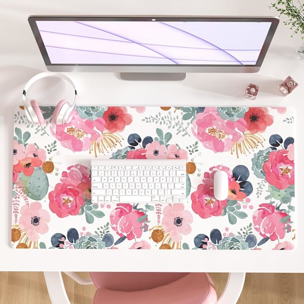 Lare Mouse Pad, Pink Floral Desk Mat for Desktop, Women irls PU Leather Waterproof amin Mousepad, Computer PC Laptop Protector Writin Pads