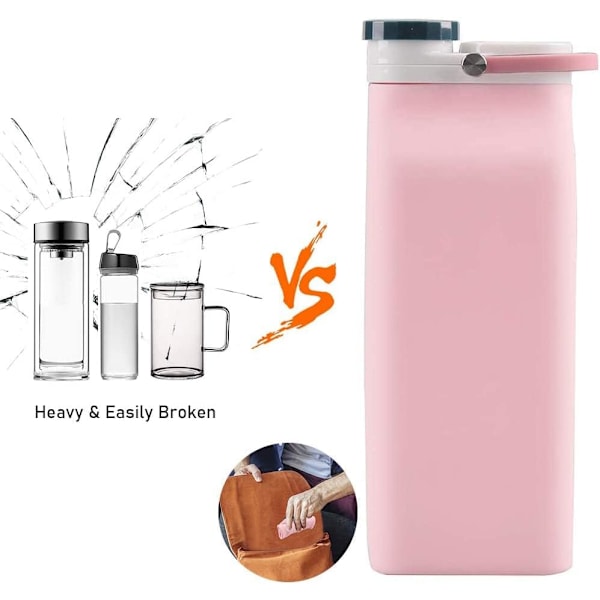 Sammenklappelig Vandflaske, BPA-fri - 590 ml Sammenklappelig Vandflaske til Rejser, Sports Vandflaske, Tredobbelt Lækagesikker Letvægts (Pink)