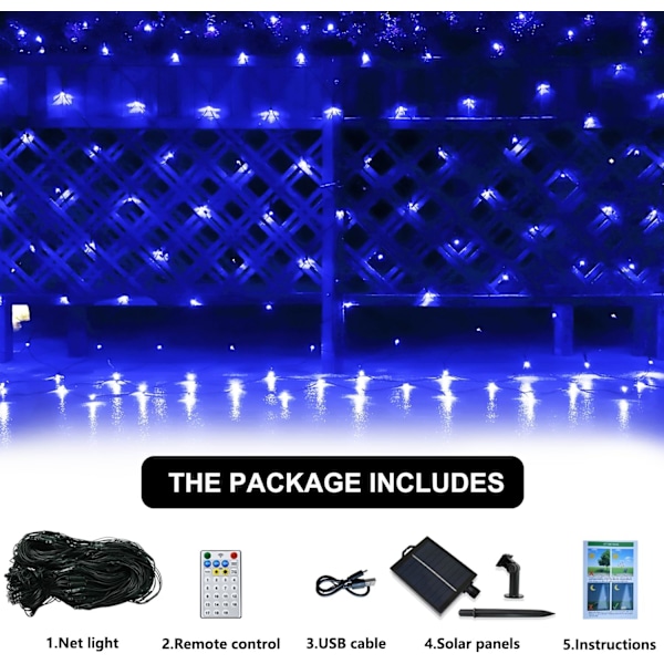 Solcelle Net Lights Udendørs Mesh Lights Blå, 192 LED Net Lights Jul, Vandtæt 19 Tilstande Solcelledrevne Træ Wrap Lights til Hegn, Have,