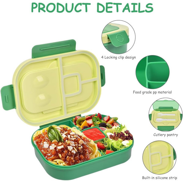 Bento Madkasse (1300ml) - Lækagesikker Madkasse med 4 Rum, Ske og Gaffel (Grøn)