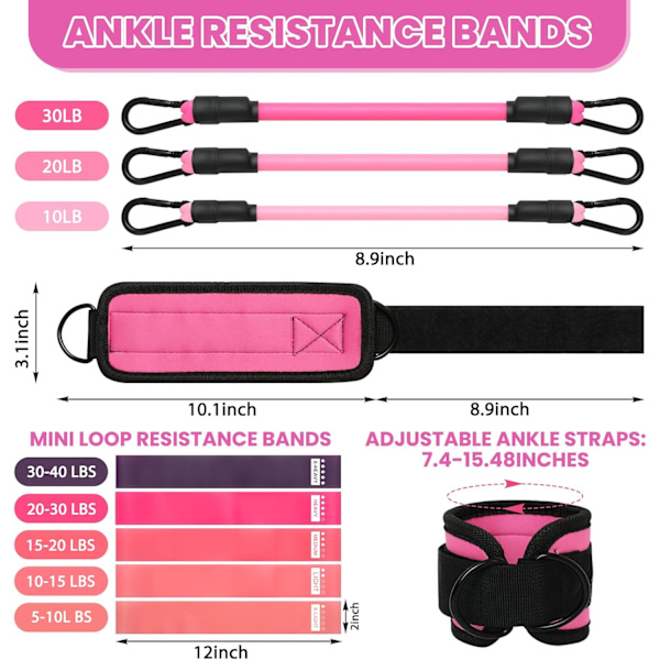 Ankel  med mansjetter - 11 stk ankel  for trening, (3 stk - 3 motstandsnivåer) ankel , 5 stk mini  motstandsbånd, 2 stk ankelstropper for kabel rosa