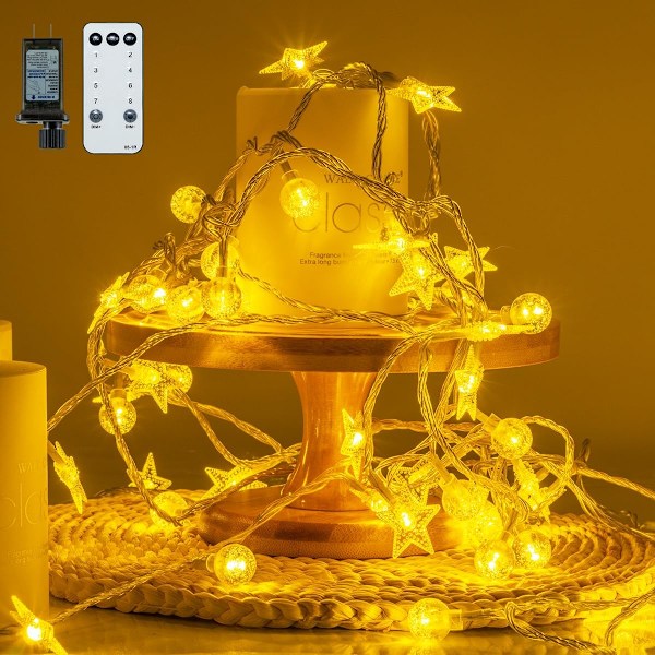 Premium LED String Lights with 50 Warm White Globe and 50 Stars, Waterproof and Durable, 8 Lighting Modes, Timer Function - Ideal for Festive