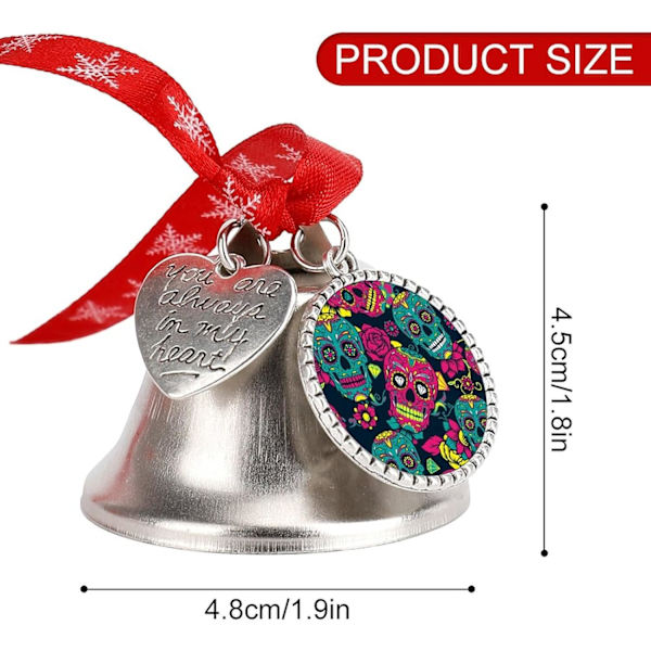 Sockerdödskalle på de dödas dag Silver Bell Ornament Julgransbjäller med rött snöre Metall Xmas Hängande dekorationer för semesterfest