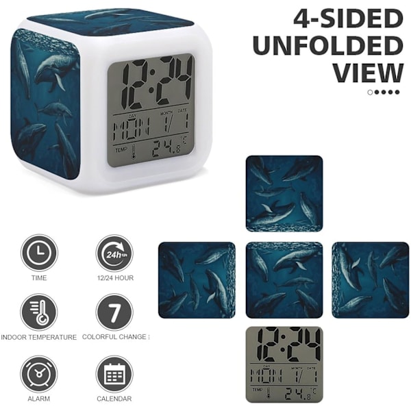 LED-vækkeur, Ocean Whale Print Multicolor Vækkeur Geometrisk Vækkeur Soveværelse Vækkeur Lydløs Vækkeur Hvid Hvid