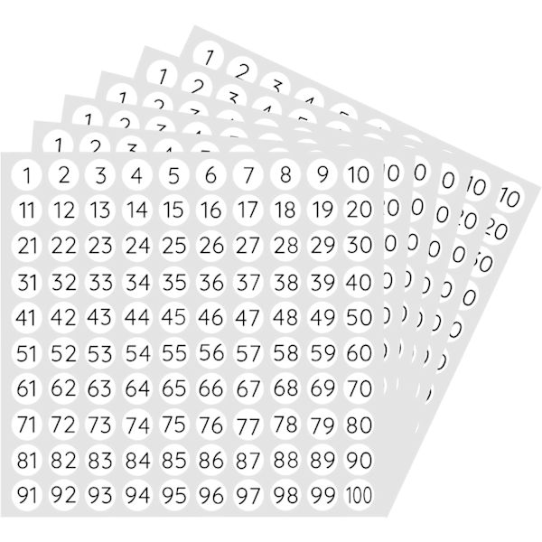 Självhäftande runda nummeretiketter 1-100, 0,4, 25 ark - vita nummerklistermärken