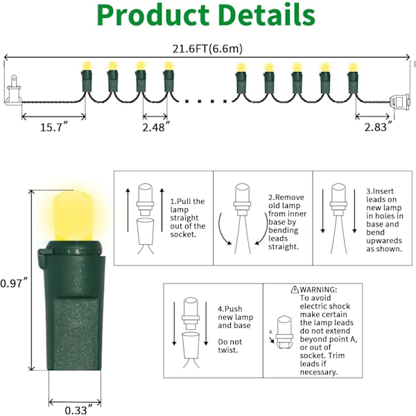 100-pack gula - ljusslingor - 21,6 fot LED-julbelysning, miniled-lampor för inomhus- och utomhusbruk, hem, semester, fest, bröllop, självständighetsdag