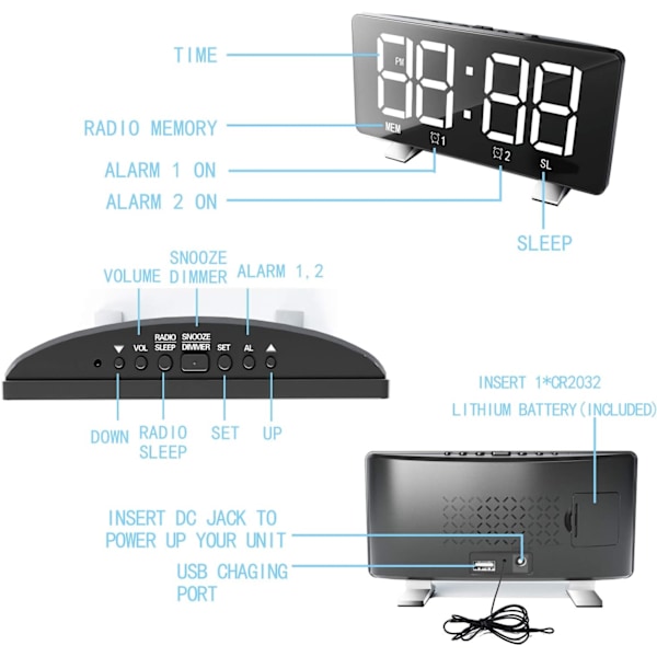 Digital väckarklocka med radio (76,0 MHz-8,0 MHz) 2 larminställningar USB-port för laddning 4 justerbar ljusstyrka Snooze digital klocka för barn Blå