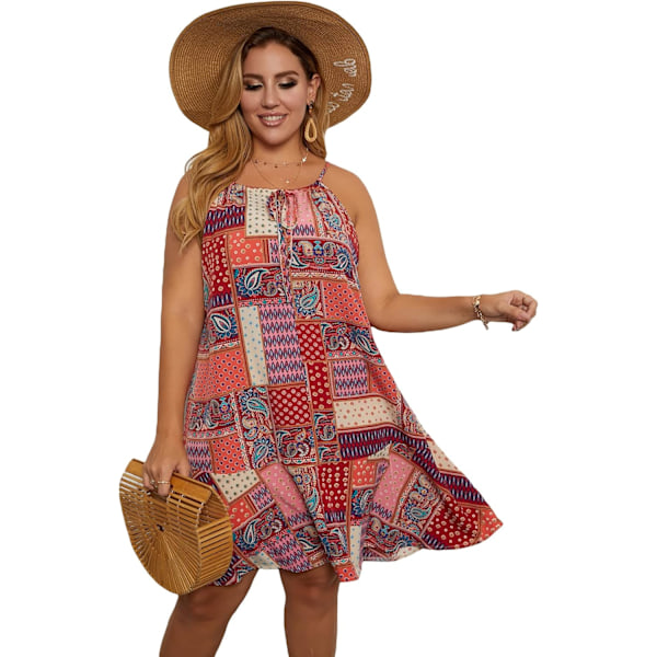 Kvinners Plus Size Boho Paisley Patchwork Print Ruffle Hem Ermeløs Halternekk