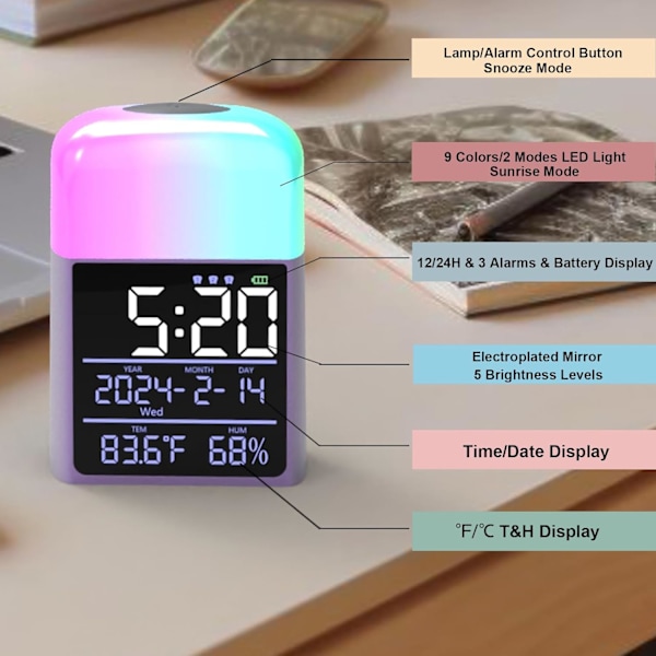 Digital vekkerklokke, soloppgang vekkerklokke for barnerom, 9 farger nattlys, skrivebordslampe for lesing, øyebeskyttende bordlampe, stor temperatur,