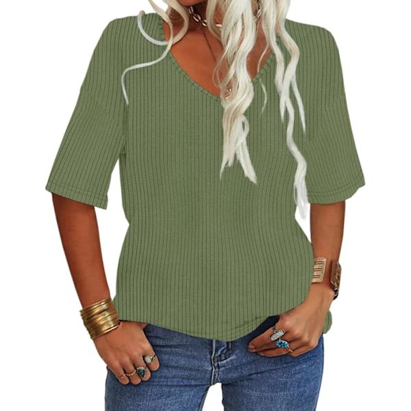 Dam sommar casual V-ringning halv ärm ribbad T-shirt solid lös basic tunika