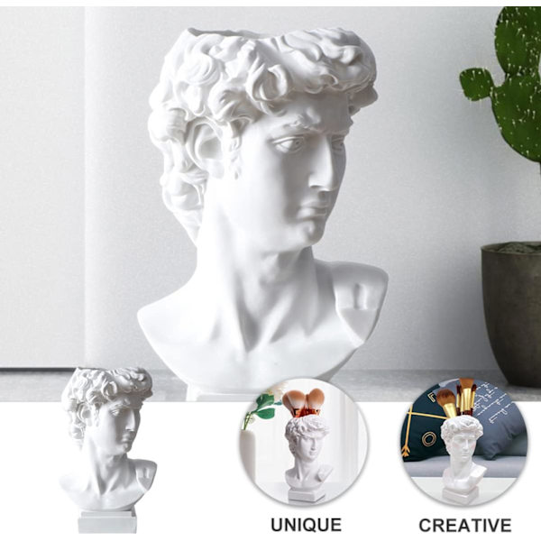 Skrivebordsdekorasjon Blyantholder Miniblomsterpotter David-skulptur i hvitt David-skulptur David- byste Statue Harpiksstasjonærholder Holder Harpiks Sminke Hvit