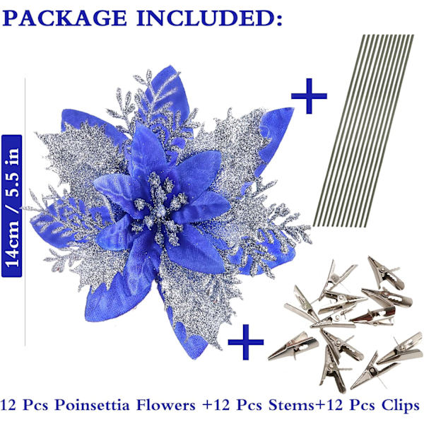 12 stk. 14 cm / 5,5 tommer Poinsettia Kunstige Blomster med Clips og Stilke Glitter