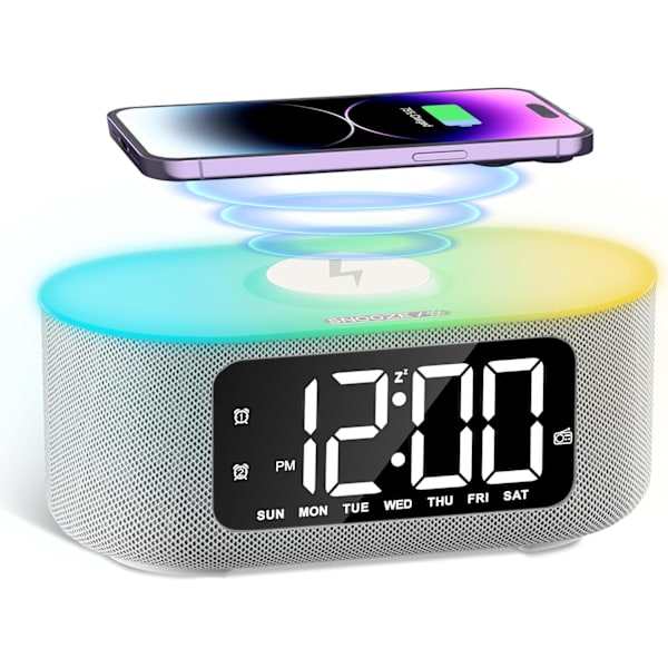 Stofvækkeur til soveværelse, med stort LED-skærmdisplay, Bluetooth-stereohøjttaler, FM-radio, hurtig trådløs opladning, USB-opladningsport,
