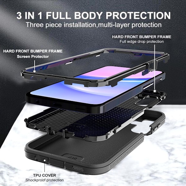 for Galaxy A15 5G Deksel med Eksplosjonssikker Film [2 Pakning], 3 i 1 Støtsikker TPU Hard PC Støtfanger Fallsikker Skall for Galaxy A15 5G, Svart Svart