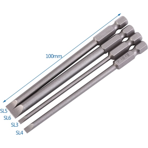 4 st 100 mm magnetiska spårskruvmejselbitar - S2 legeringsstål, 1/4 sexkantigt skaft